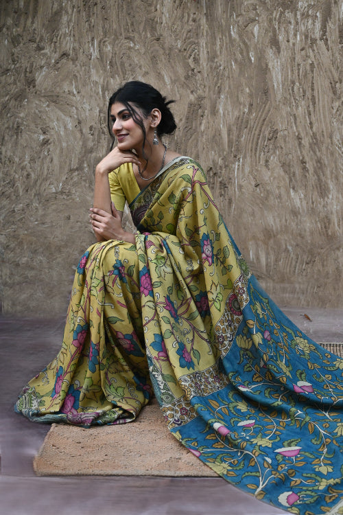 The ICH Signature Kalamkari Hand Painted Silk Blend Saree - Mangalavalli