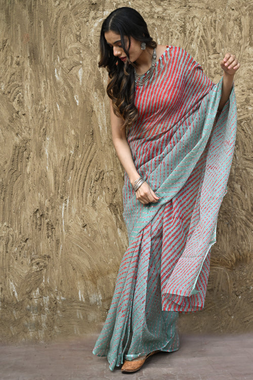 The ICH The Rang Tarang Collection : Hand Dyed Leheriya Kota Cotton Saree - Sindoor Saanjh