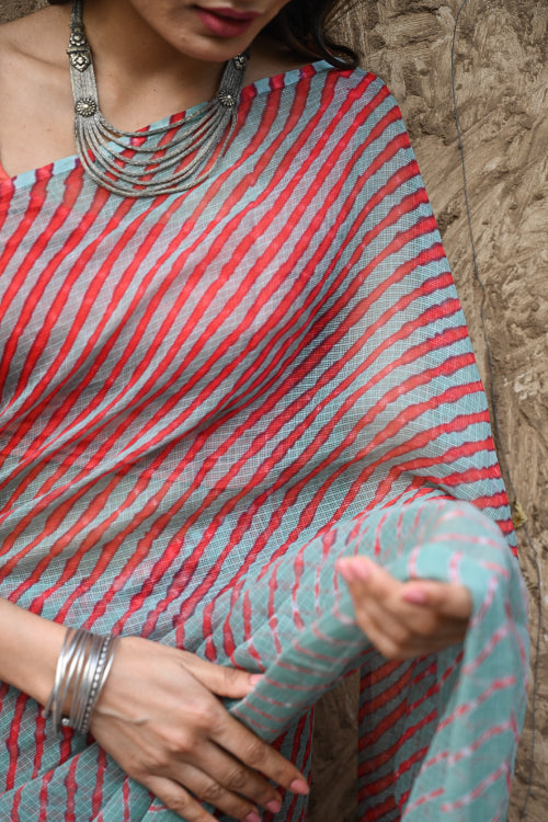 The ICH The Rang Tarang Collection : Hand Dyed Leheriya Kota Cotton Saree - Sindoor Saanjh