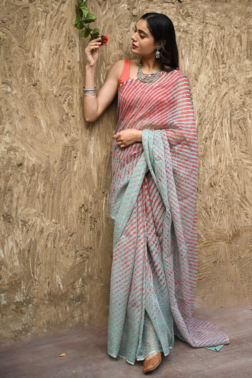 The ICH The Rang Tarang Collection : Hand Dyed Leheriya Kota Cotton Saree - Sindoor Saanjh