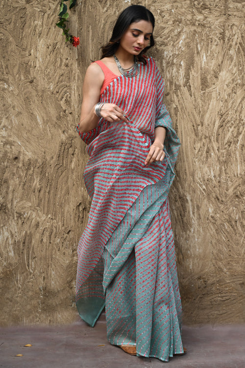The ICH The Rang Tarang Collection : Hand Dyed Leheriya Kota Cotton Saree - Sindoor Saanjh