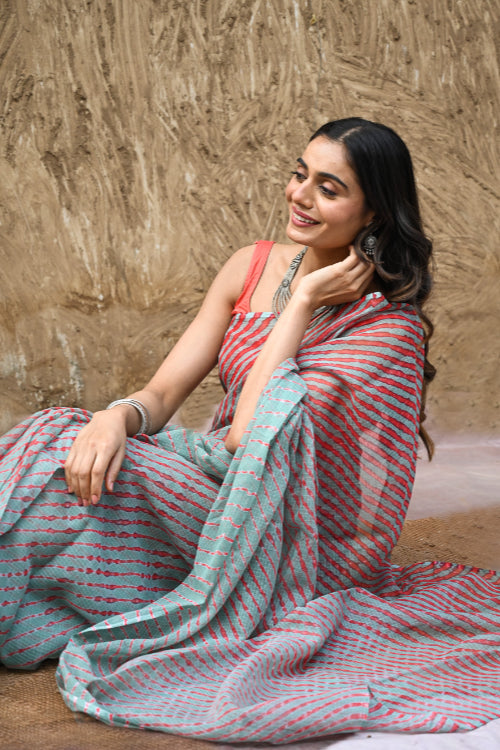 The ICH The Rang Tarang Collection : Hand Dyed Leheriya Kota Cotton Saree - Sindoor Saanjh