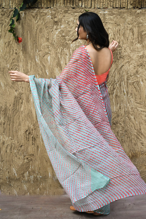 The ICH The Rang Tarang Collection : Hand Dyed Leheriya Kota Cotton Saree - Sindoor Saanjh