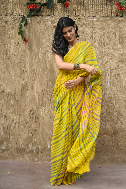 The ICH The Rang Tarang Collection : Hand Dyed Leheriya Kota Cotton Saree - Basant Leher