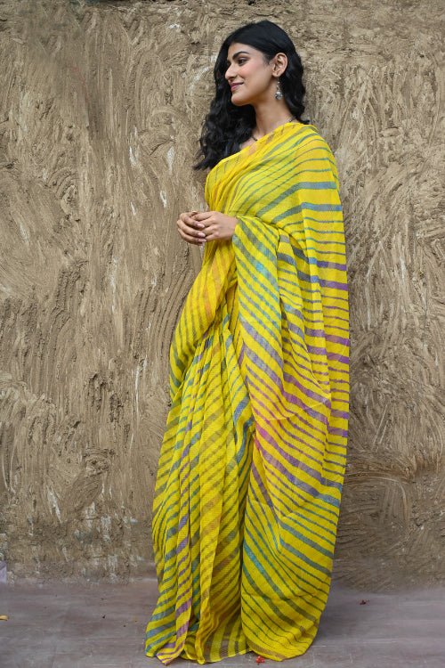 The ICH The Rang Tarang Collection : Hand Dyed Leheriya Kota Cotton Saree - Basant Leher