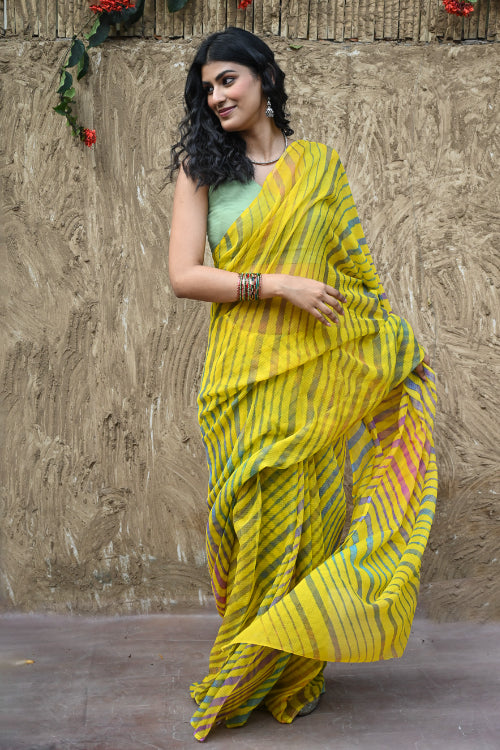 The ICH The Rang Tarang Collection : Hand Dyed Leheriya Kota Cotton Saree - Basant Leher