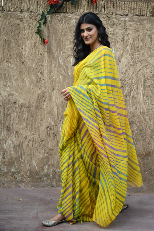 The ICH The Rang Tarang Collection : Hand Dyed Leheriya Kota Cotton Saree - Basant Leher