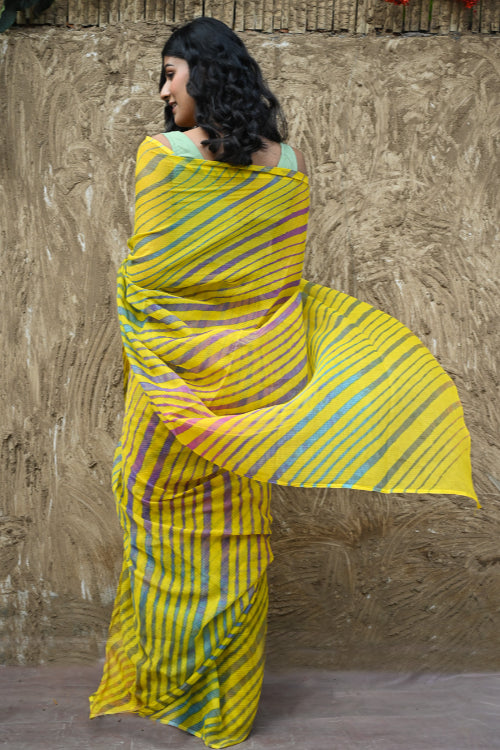 The ICH The Rang Tarang Collection : Hand Dyed Leheriya Kota Cotton Saree - Basant Leher