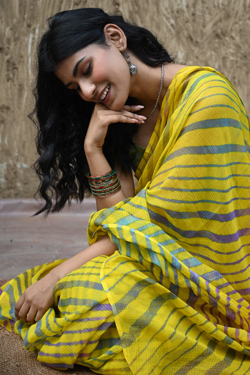 The ICH The Rang Tarang Collection : Hand Dyed Leheriya Kota Cotton Saree - Basant Leher