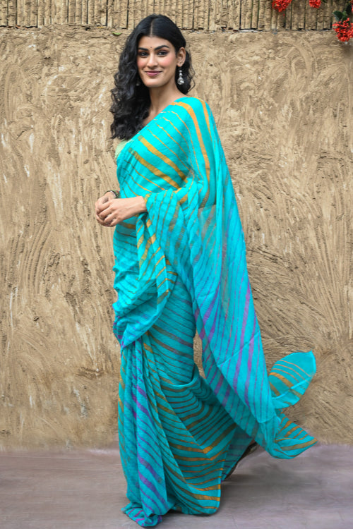 The ICH The Rang Tarang Collection : Hand Dyed Leheriya Kota Cotton Saree - Neel Sarovar