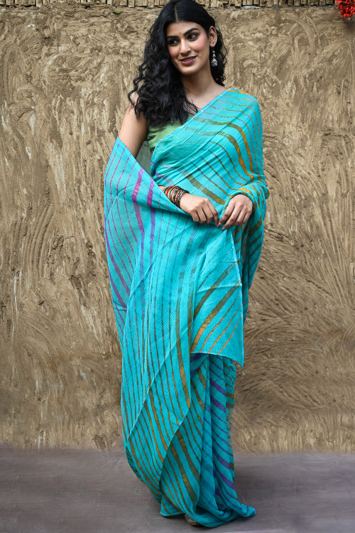 The ICH The Rang Tarang Collection : Hand Dyed Leheriya Kota Cotton Saree - Neel Sarovar