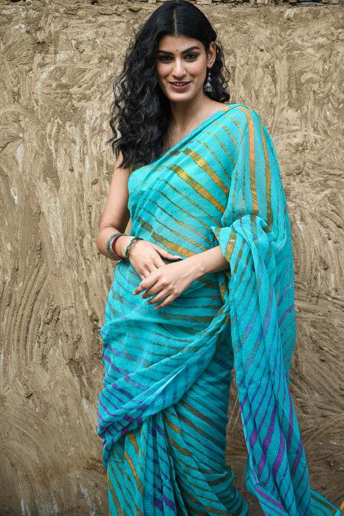 The ICH The Rang Tarang Collection : Hand Dyed Leheriya Kota Cotton Saree - Neel Sarovar