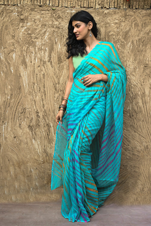 The ICH The Rang Tarang Collection : Hand Dyed Leheriya Kota Cotton Saree - Neel Sarovar
