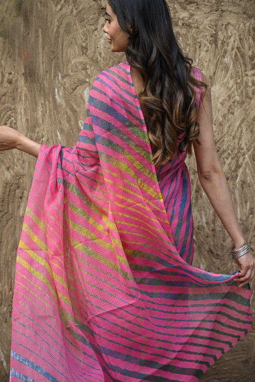 The ICH The Rang Tarang Collection : Hand Dyed Leheriya Kota Cotton Saree - Gulabi Ghoomar