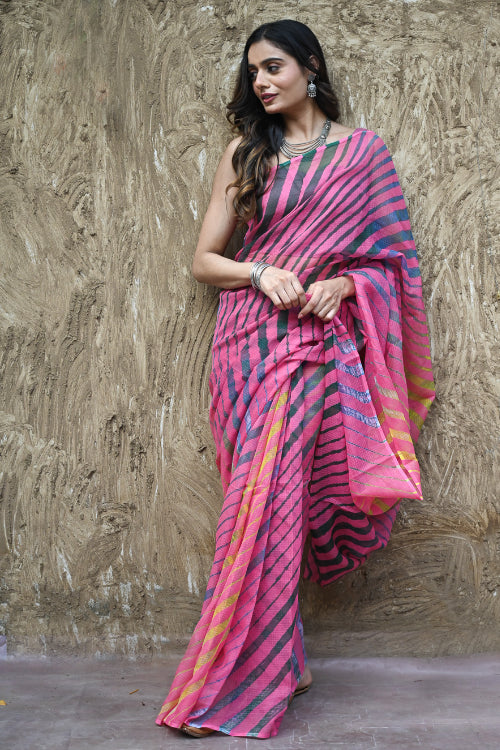 The ICH The Rang Tarang Collection : Hand Dyed Leheriya Kota Cotton Saree - Gulabi Ghoomar