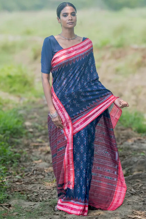 The ICH Sambalpuri Handwoven Ikat Soft Cotton Saree - Neel Megh