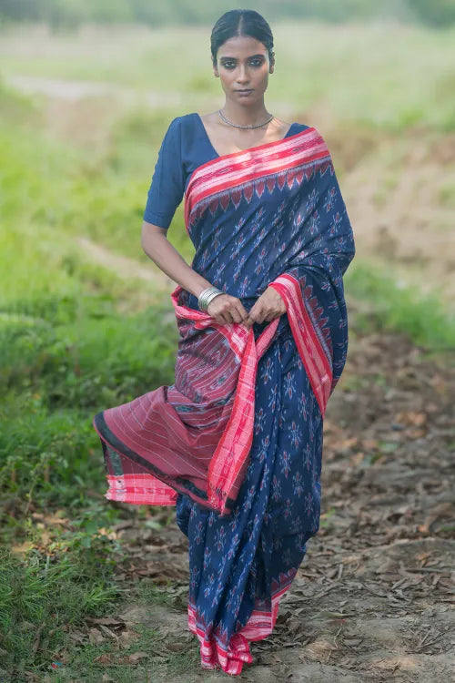 The ICH Sambalpuri Handwoven Ikat Soft Cotton Saree - Neel Megh