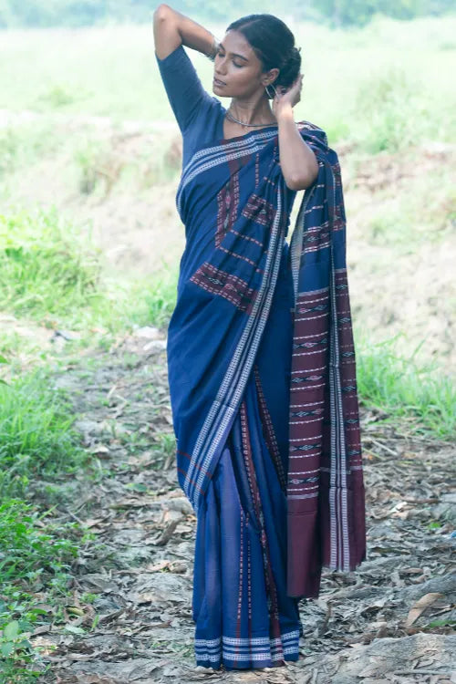 The ICH Sambalpuri Handwoven Ikat Soft Cotton Saree - Indra Neel