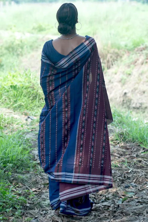 The ICH Sambalpuri Handwoven Ikat Soft Cotton Saree - Indra Neel