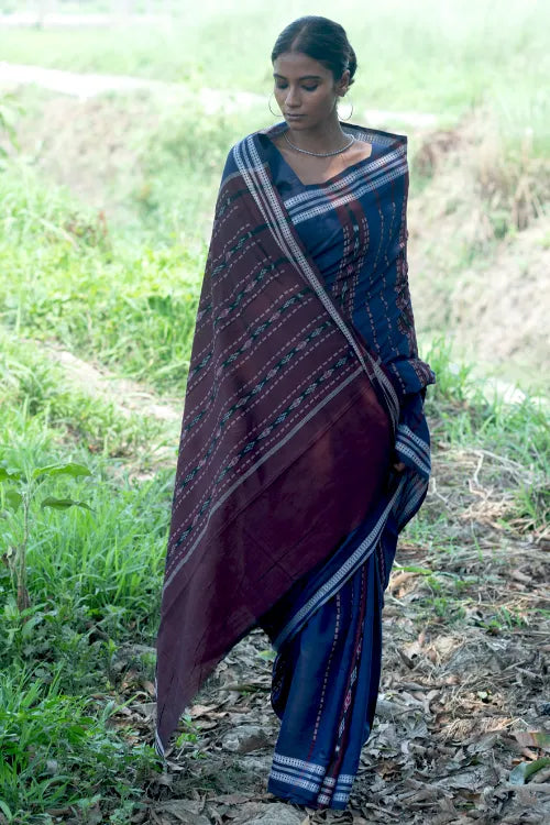 The ICH Sambalpuri Handwoven Ikat Soft Cotton Saree - Indra Neel