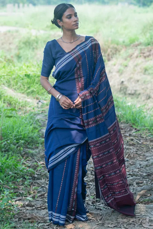 The ICH Sambalpuri Handwoven Ikat Soft Cotton Saree - Indra Neel