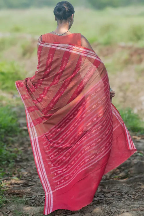 The ICH Sambalpuri Handwoven Ikat Soft Cotton Saree - Lal Mrinal