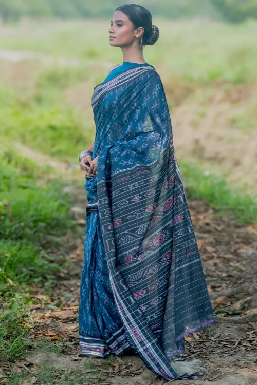 The ICH Sambalpuri Handwoven Ikat Soft Cotton Saree - Neel Nishith