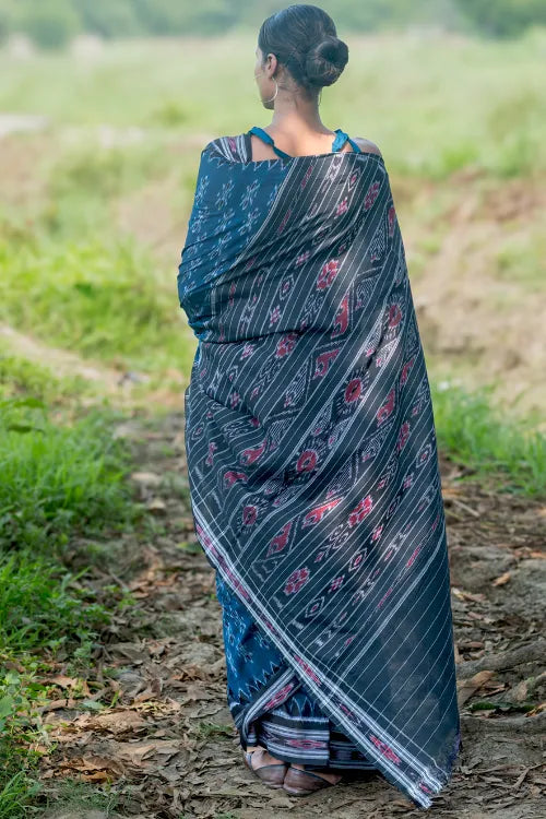 The ICH Sambalpuri Handwoven Ikat Soft Cotton Saree - Neel Nishith