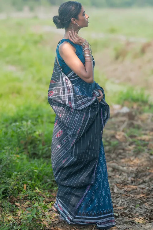 The ICH Sambalpuri Handwoven Ikat Soft Cotton Saree - Neel Nishith