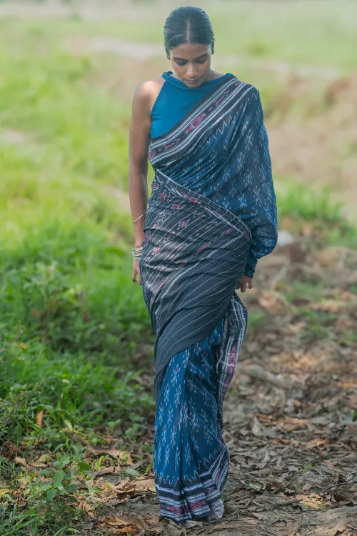 The ICH Sambalpuri Handwoven Ikat Soft Cotton Saree - Neel Nishith