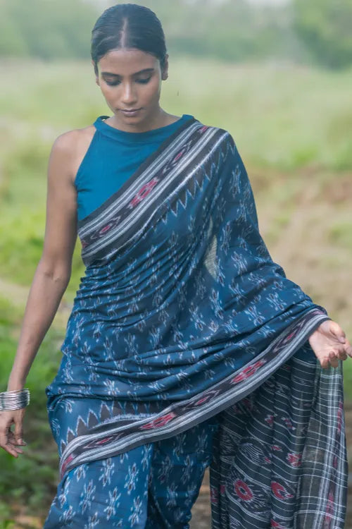The ICH Sambalpuri Handwoven Ikat Soft Cotton Saree - Neel Nishith