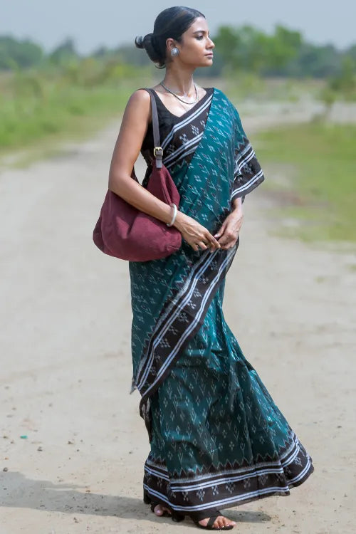 The ICH Sambalpuri Handwoven Ikat Soft Cotton Saree - Harit Tarang