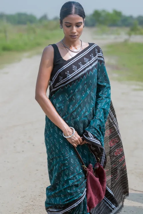 The ICH Sambalpuri Handwoven Ikat Soft Cotton Saree - Harit Tarang