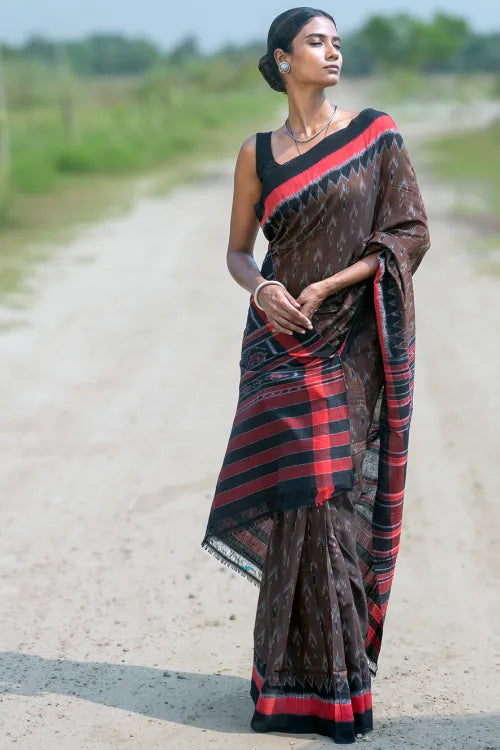 The ICH Sambalpuri Handwoven Ikat Soft Cotton Saree - Man Kasturi