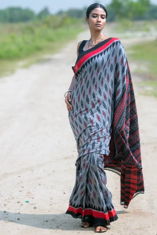 The ICH Sambalpuri Handwoven Ikat Soft Cotton Saree - Rudr Megh
