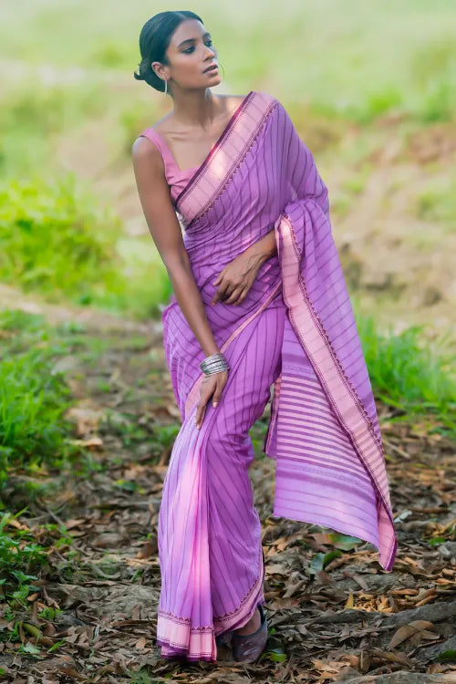 The ICH Bengal Weaves. Handwoven Cotton Saree - Lavender Rekha