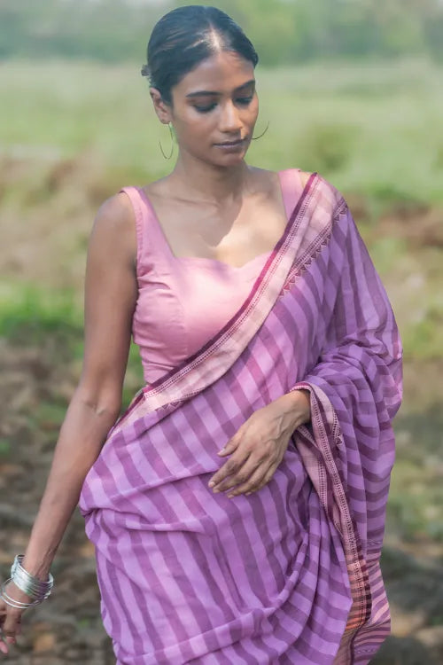 The ICH Bengal Weaves. Handwoven Cotton Saree - Lavender Rekha