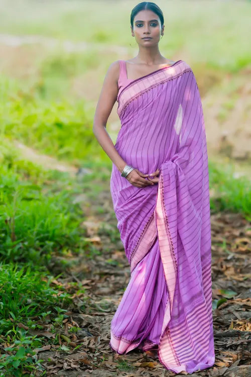 The ICH Bengal Weaves. Handwoven Cotton Saree - Lavender Rekha
