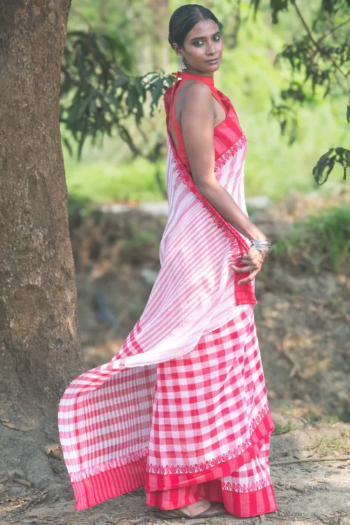 The ICH Bengal Weaves. Handwoven Cotton Saree - Lal Chakor