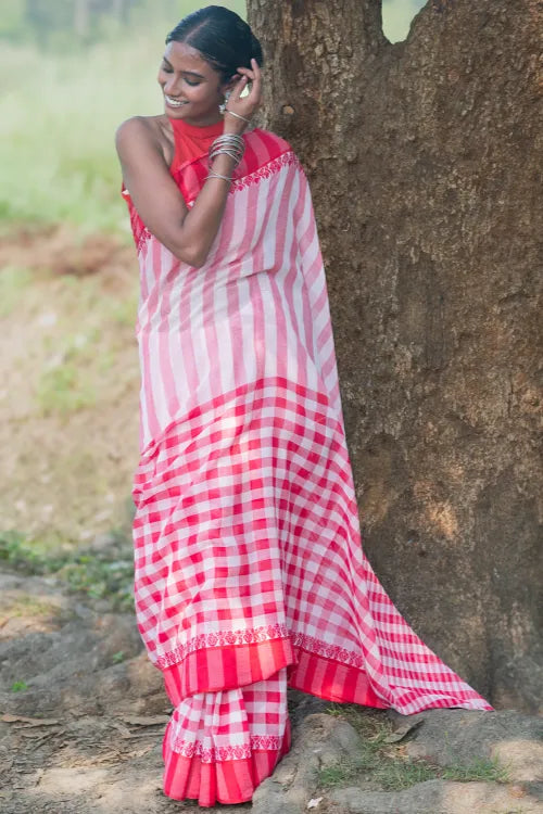 The ICH Bengal Weaves. Handwoven Cotton Saree - Lal Chakor