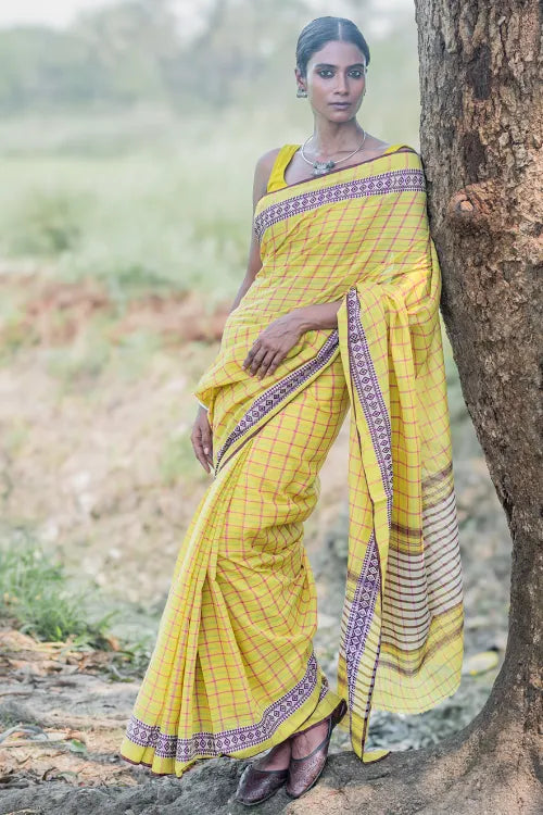 The ICH Bengal Weaves. Handwoven Cotton Saree - Haridra Rekh
