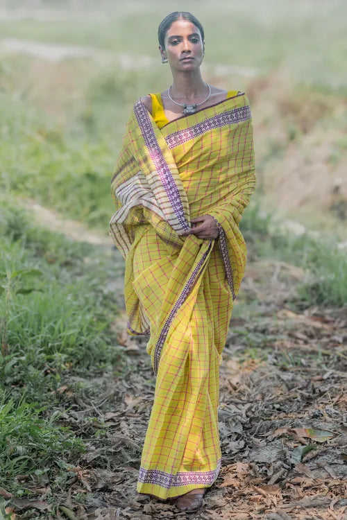 The ICH Bengal Weaves. Handwoven Cotton Saree - Haridra Rekh