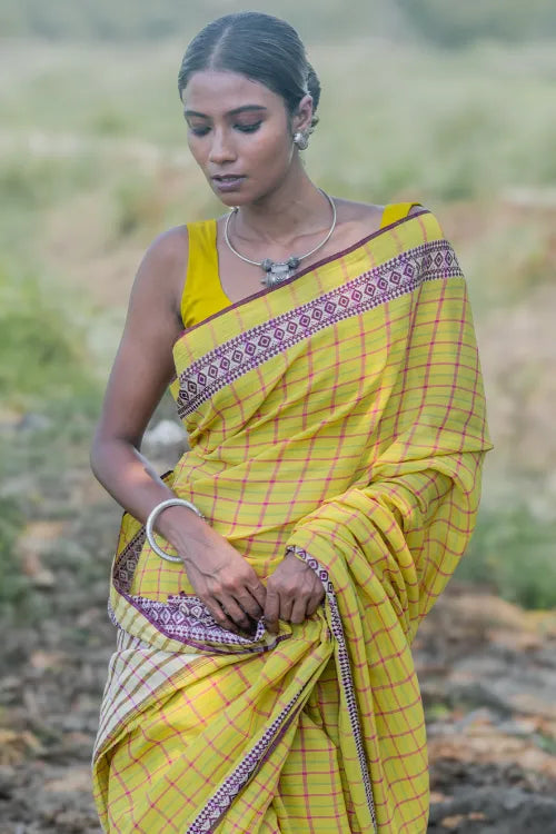 The ICH Bengal Weaves. Handwoven Cotton Saree - Haridra Rekh