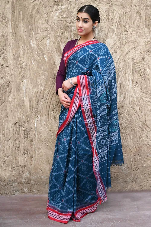 Sambalpuri Handwoven Ikat Soft Cotton Saree - Neel Rekha