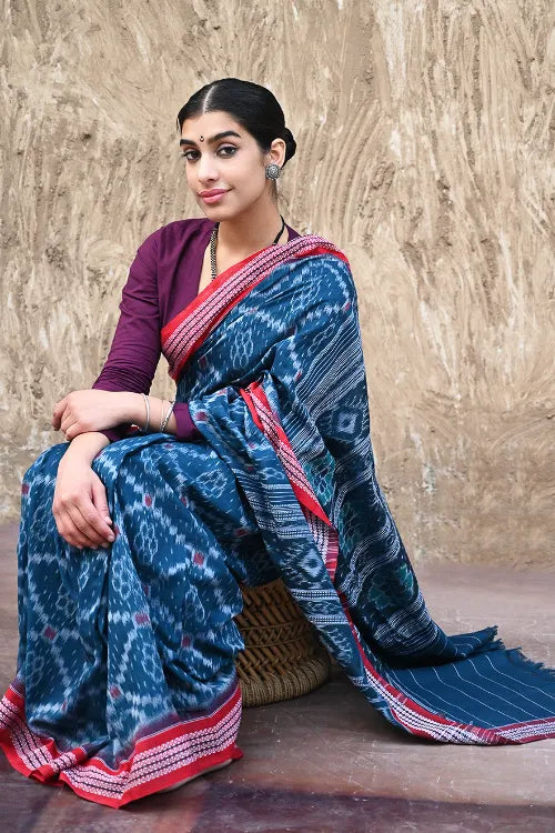 Sambalpuri Handwoven Ikat Soft Cotton Saree - Neel Rekha