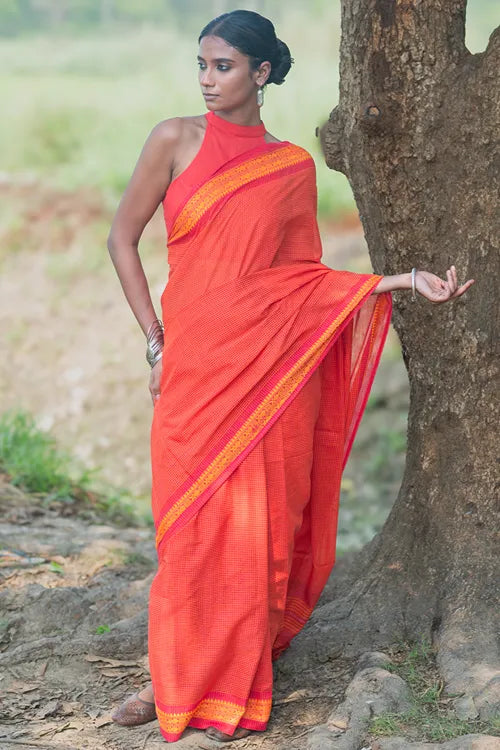 The ICH Bengal Weaves. Handwoven Soft Cotton Saree - Coral Radience