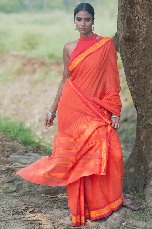 The ICH Bengal Weaves. Handwoven Soft Cotton Saree - Coral Radience