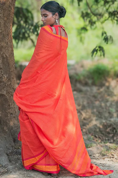 The ICH Bengal Weaves. Handwoven Soft Cotton Saree - Coral Radience