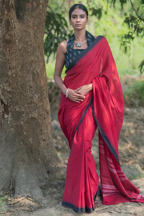 The ICH Bengal Weaves. Handwoven Soft Cotton Saree - Ruby Rose