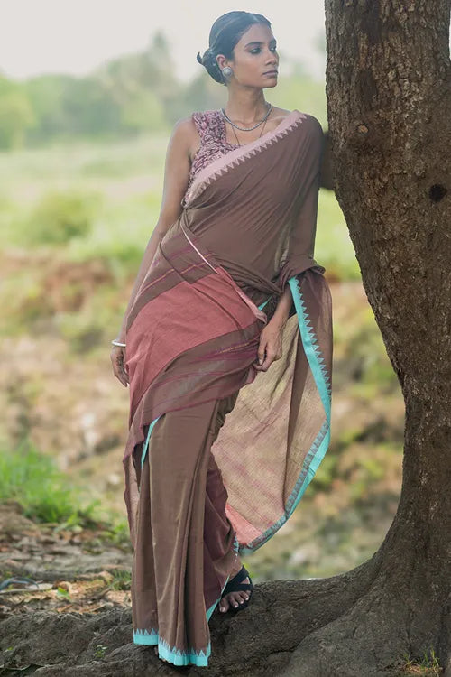 The ICH Bengal Weaves. Handwoven Soft Cotton Saree - Cocoa Breeze